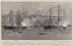 Aniversário da rainha em terra nova, os navios de proteção de pesca no porto de São João disparando uma saudação